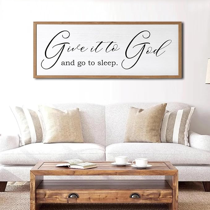 Give It To God And Go To Sleep Sign Wall Decor 40x15 Inch Large Farmhouse Master Bedroom Above Bed Hanging Wall Art Rustic Guest Room Wood Framed Over Bed Wall Decoration (Wood White)-HomvellaHome