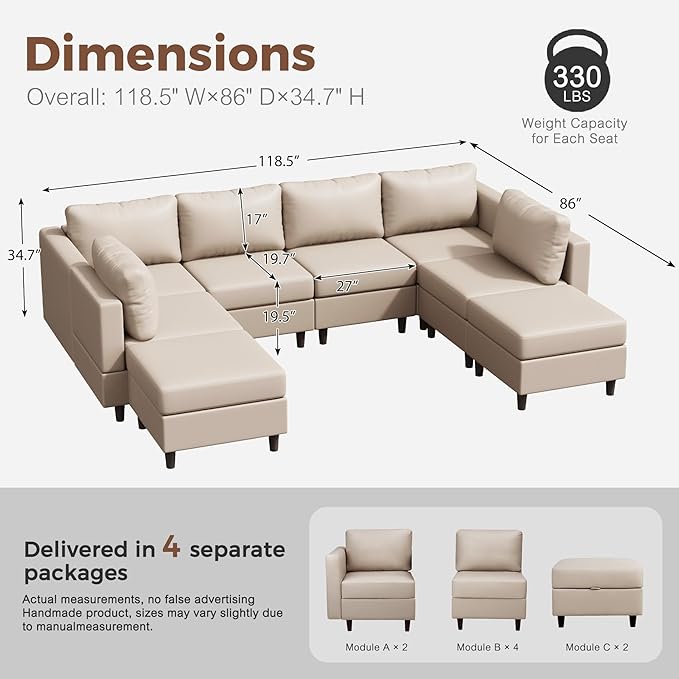 118.5" Faux Leather Modular Sectional Sofa, Modern Large 8 Seater U Shaped Couch with Storage Seat with Reversible Chaise Deep Seat for Living Room DIY Combination - Whitesand-HomvellaHome