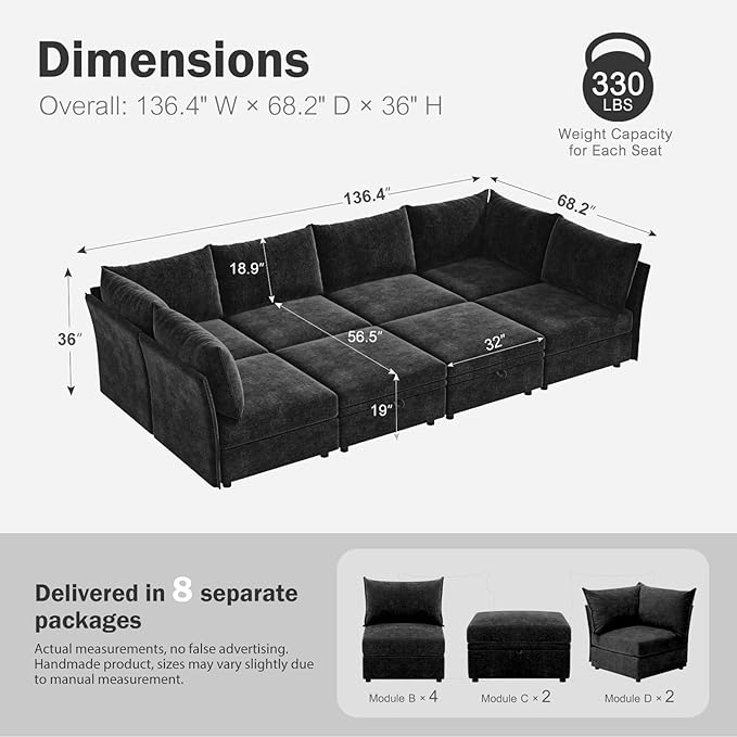 136.4" Oversized Modular Sectional Sleeper Sofa Bed, U Shaped Convertible Couch with Movable Ottoman, Large 8 Seat Corner Couches for Living Room Deep Seat Black Chenille-HomvellaHome