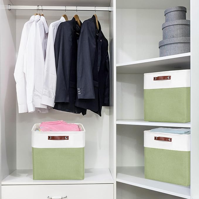 13x13 Cube Storage Bins, Collapsible Fabric Storage Box, 4 Pack Closet Baskets with Handles for Organizing, Shelf, Toys, Clothes, Home, Office, Nursery (Green&White)-HomvellaHome