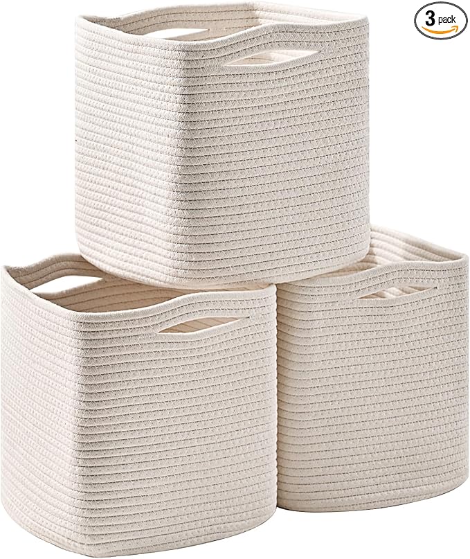 11 Inch Cube Storage Bins, Organizer Bins, Woven Cotton Rope Baskets for Storage, Storage Baskets for Organizing Shelves, White Basket for Toys, Off White (Pack of 3)-HomvellaHome