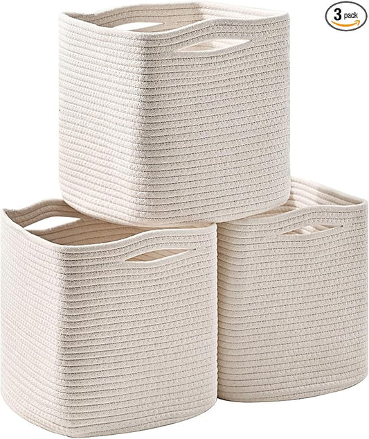 11 Inch Cube Storage Bins, Organizer Bins, Woven Cotton Rope Baskets for Storage, Storage Baskets for Organizing Shelves, White Basket for Toys, Off White (Pack of 3)-HomvellaHome