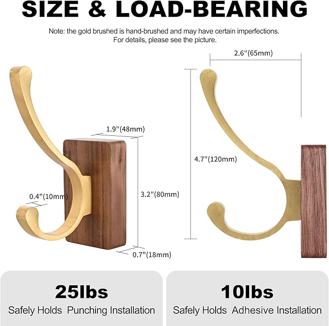 2 Pack Wooden Wall Hooks for Hanging, Adhesive Mounted Wall Mounted Boho Decorative Nature Wood Coat Hook for Towel Clothes Blanket Hat Backpack Robe Nursery Door Board Entryway Key Holder Gold-HomvellaHome