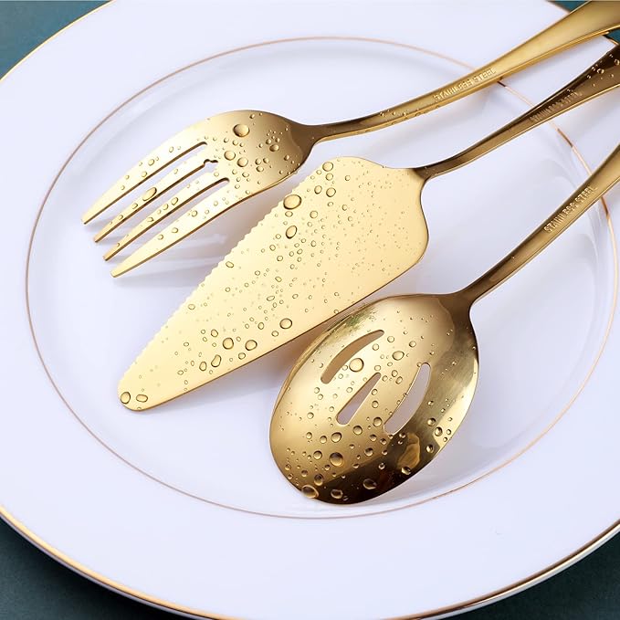Gold Serving Utensils, OGORI 12-Piece Stainless Steel Serving Utensils Include Serving Spoons, Slotted Spoons, Serving Tongs, Serving Forks, Butter Knife, Stirring Spoon, Soup Ladle, Pie Server-HomvellaHome