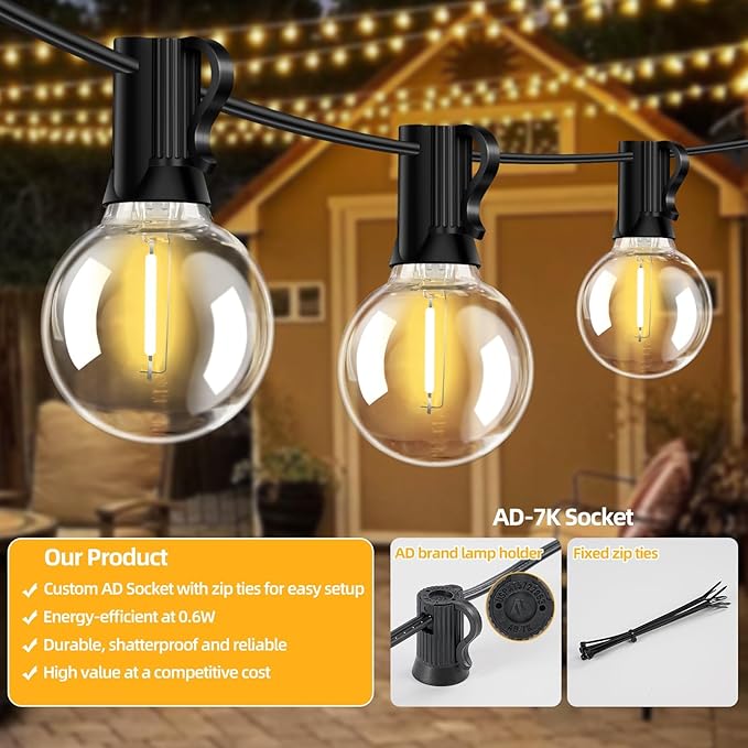 100FT G40 LED Outdoor String Lights with 50 Shatterproof Bulbs + 2 Spares, E12 Socket, 2700K Warm White, Weatherproof Black Cable, for Patio, Backyard, Wedding, Party, Porch, Deck, Gazebo, Camping-HomvellaHome
