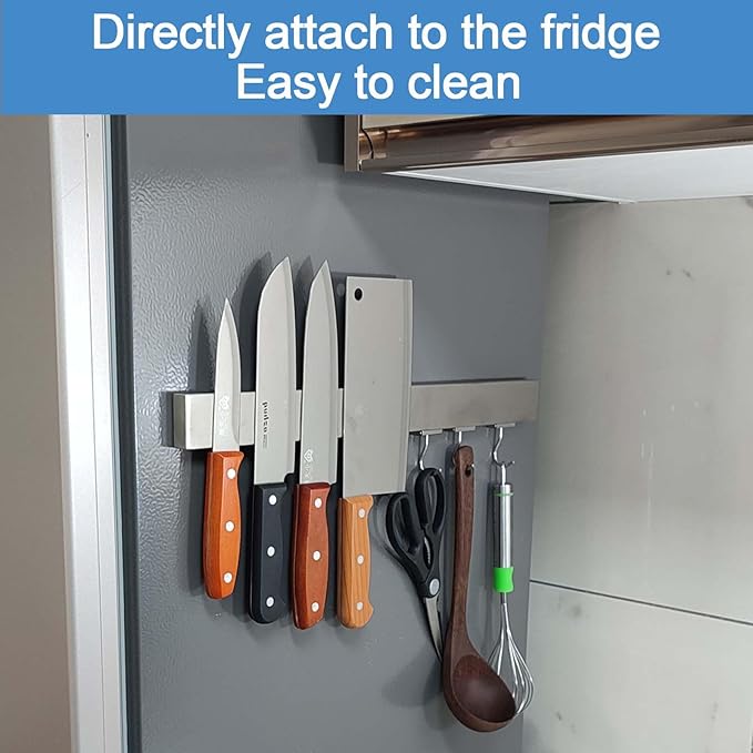 14 Inch Magnetic Knife Holder for Refrigerator - Knife Magnetic Strip for Fridge with Magnetic Hooks - Double Sided Magnetic Knife Bar - Stainless Steel Kitchen Magnetic Knife Hanger Rack-HomvellaHome