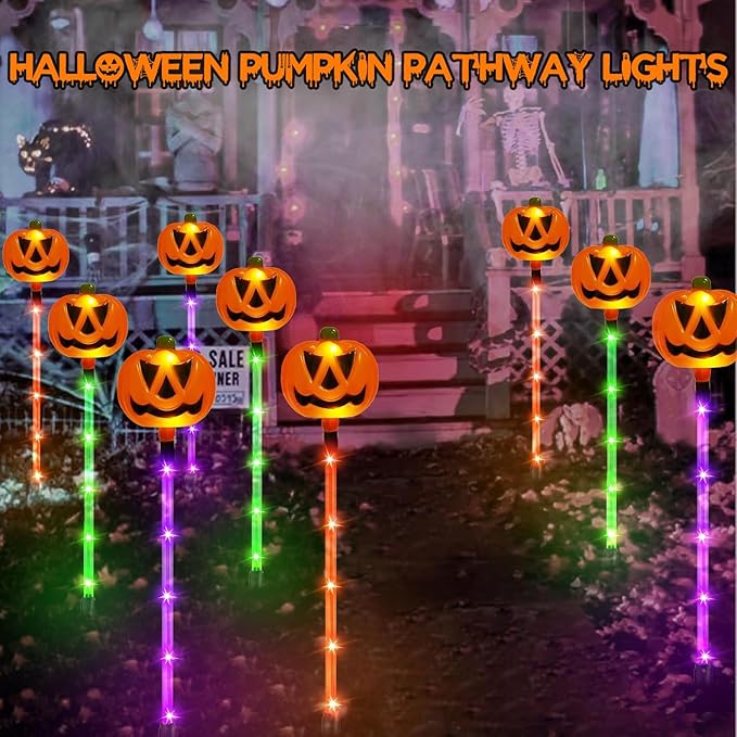 12 Pack Solar Pumpkin Lights for Halloween Decorations Outdoor, Waterproof Halloween Pathway Lights with 8 Modes, Orange Purple and Green Halloween Walkway Stake Lights for Yard Garden Party Decor-HomvellaHome