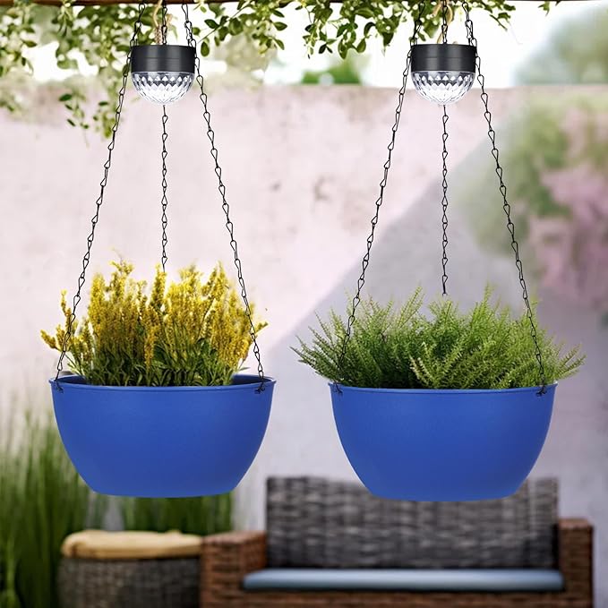 2 Packs Hanging Planters Basket for Outdoor Plants, Solar Powered Self Watering Blue Round Plastic Flower Pots with Drainer for Balcony Patio Garden Outdoor Decoration-HomvellaHome
