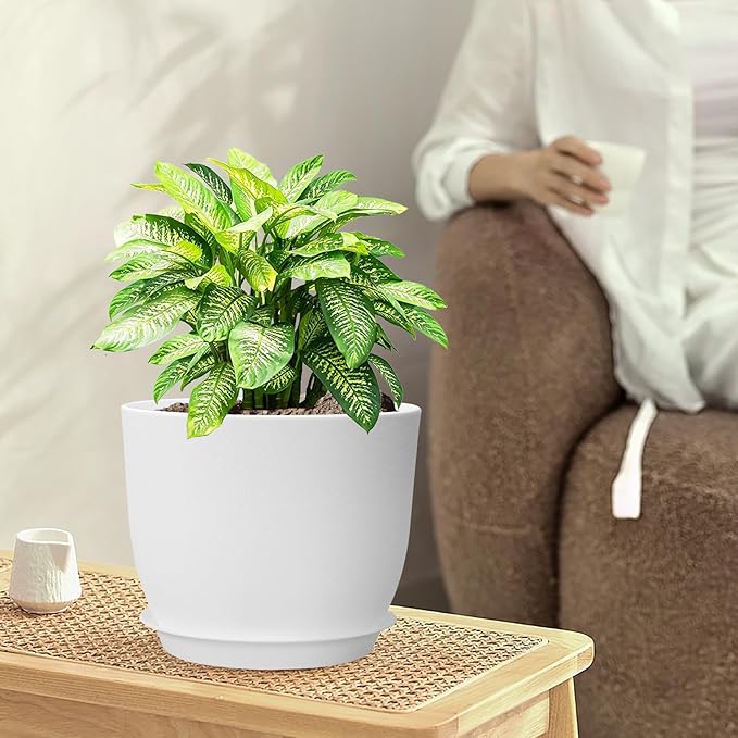 12/10/9 inch Large Plant Pots, 3 Pack Modern Decorative Plastic Planters with Drainage Holes and Saucers, Flower Pots for Indoor Outdoor Plants, White-HomvellaHome