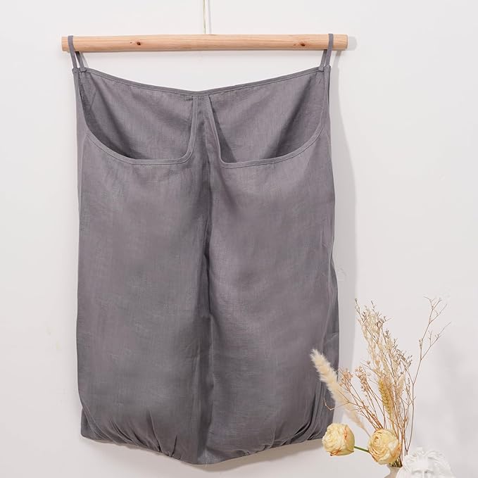 100% Pure Linen Dual Hanging Laundry Bag with 2 Deep Pocket and 2 Side Zipper 20x27in, Over The Door Laundry Hamper Space Saving Hampers for Dirty Clothes Home Travel, Grey-HomvellaHome