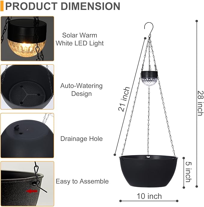 2 Packs Hanging Planters Basket for Outdoor Plants, Solar Powered Self Watering Black Round Plastic Flower Pots with Drainer for Balcony Patio Garden Outdoor Decoration-HomvellaHome