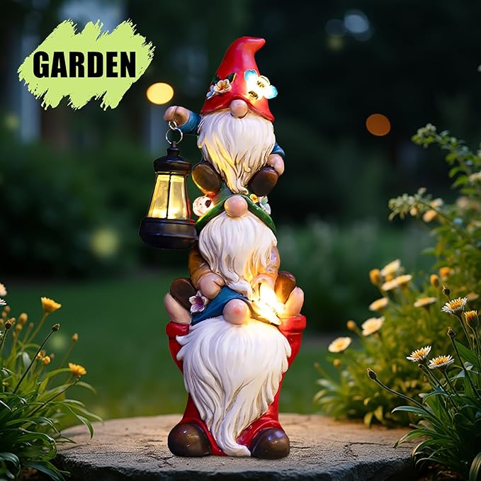 Garden Gnome Statue with Solar Lights Garden Sculptures Funny Triple Gnome Outdoor Patio Lawn Yard Balcony Garden Home Decor Birthday Gifts for Women Mom Grandma 12 in Fall Gnome-HomvellaHome
