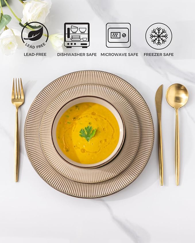 GBHOME Ceramic Dinnerware Sets, 18 Piece Embossed Elegant Stoneware Plates and Bowls Sets, Housewarming Wedding Gift | Dishwasher & Microwave Safe | Dishes Set Service for 8-HomvellaHome
