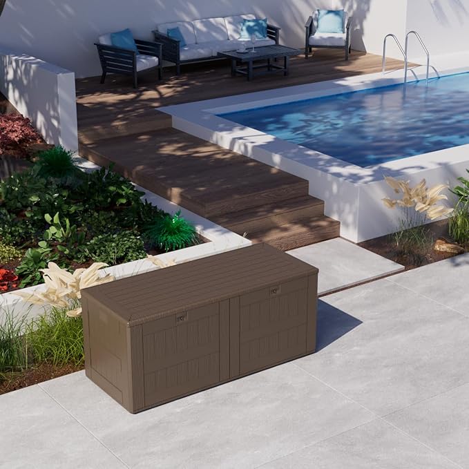 180 Pro Gallon Waterproof Outdoor Storage Bin Resin Deck Box for Patio, Poolside, and Garden, Lockable & UV-Resistant, Brown-HomvellaHome