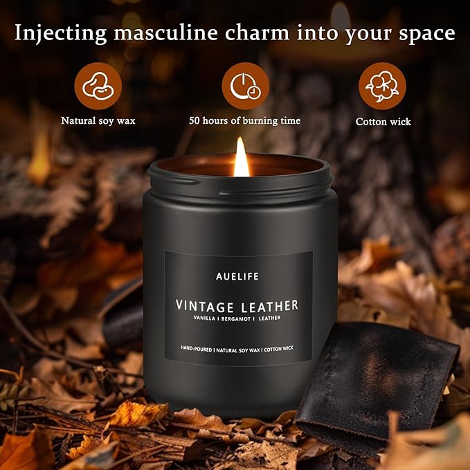 2 Pack Men Candles | Smoke & Vanilla + Vintage Leather - Scented Candles for Men - Masculines Candle - Soy Candle for Home Scented, Man Gifts, Black Jar - 7oz-HomvellaHome