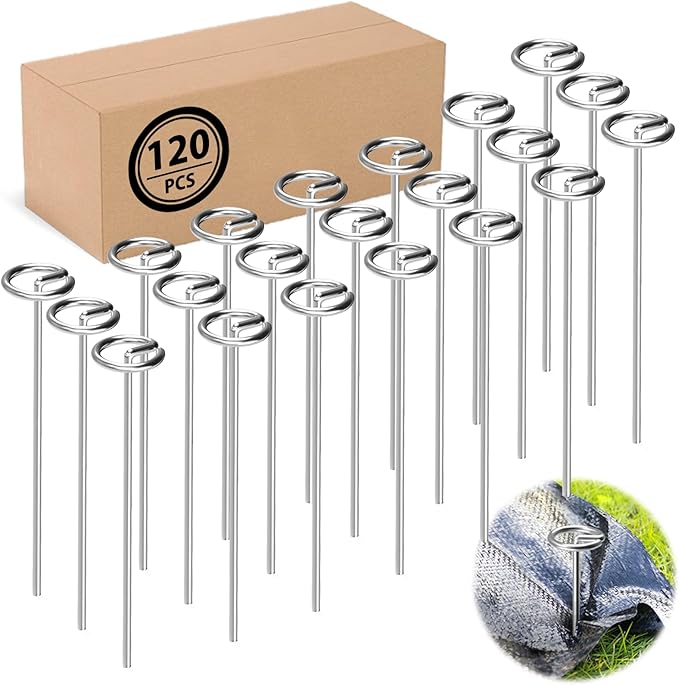 120 Pack Heavy Duty 8 Gauge Galvanized Landscape Fabric Pins, 6 Inch G-Shaped Round Top Weed Barrier Stakes for Garden, Erosion Control, Tent, Ground Cover (Silver)-HomvellaHome