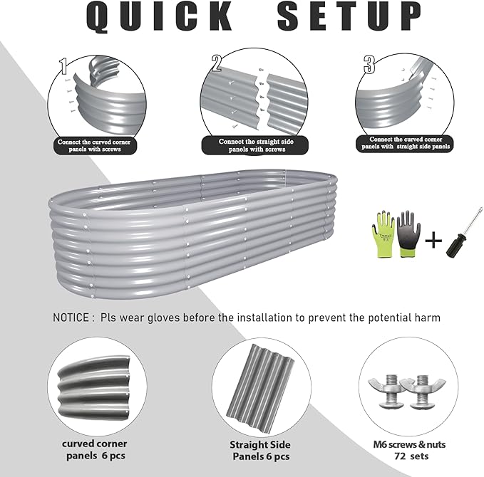 1 Pack 8x3x2FT Galvanized Raised Garden Bed Kit Oval Metal Ground Planter Box Outdoor Bottomless Planter Raised Beds for Vegetables Flowers Herbs Fruits, Gray-HomvellaHome