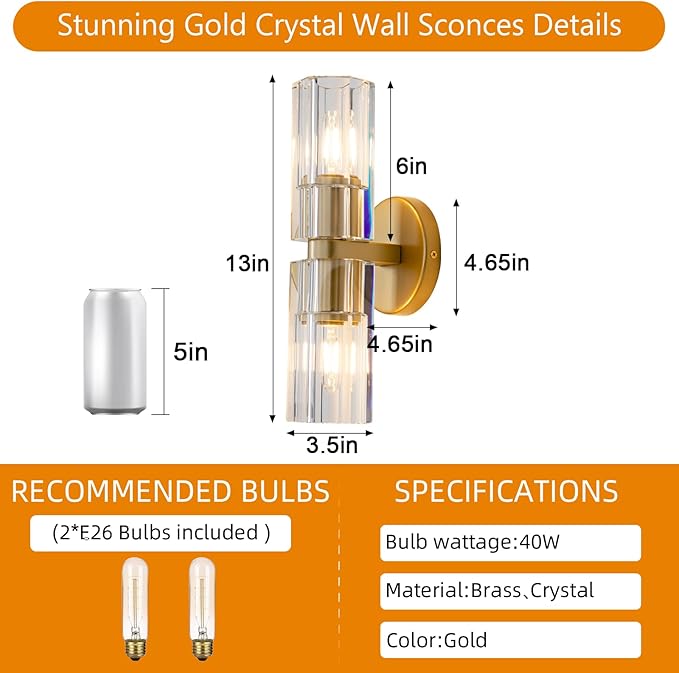 Gold Crystal Wall Sconces Set of Two, Wall Sconce Set of 2, Brass Sconces Wall Lighting with K9 Crystal Lampshade, Wall Lights for Bedroom Living Room Bathroom Hallway-HomvellaHome