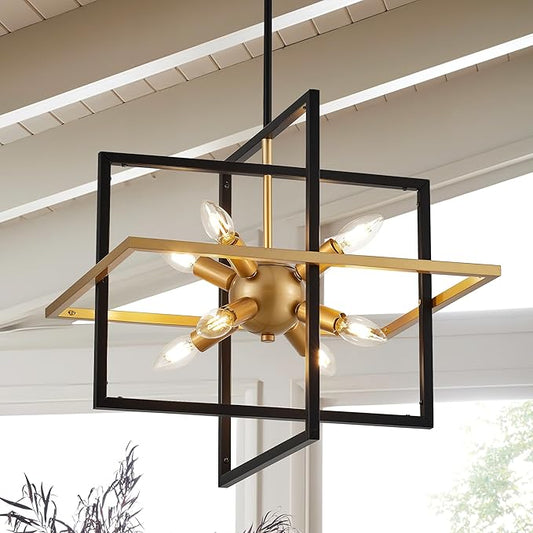 18.9'' Black Gold 8-Light Sputnik Chandelier Modern Industrial Adjustable Hanging Geometric Pendant Light Fixture for Entryway Foyer Stairway Hallway Bedroom Living Room Kitchen Island-HomvellaHome