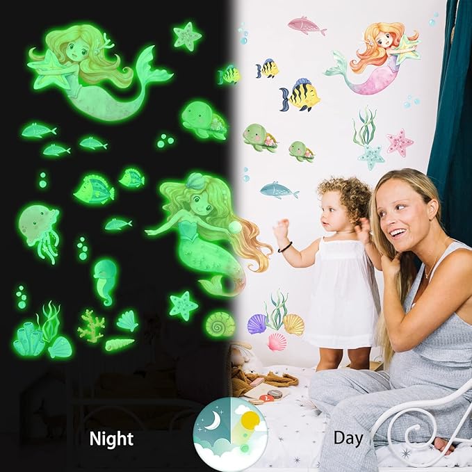 Glow in The Dark Stars Mermaid Wall Decals, Turtle Ocean Fish Stickers for Ceiling, DIY Wall Decor for Nursery Playroom Living Room, Birthday Christmas Gift-HomvellaHome