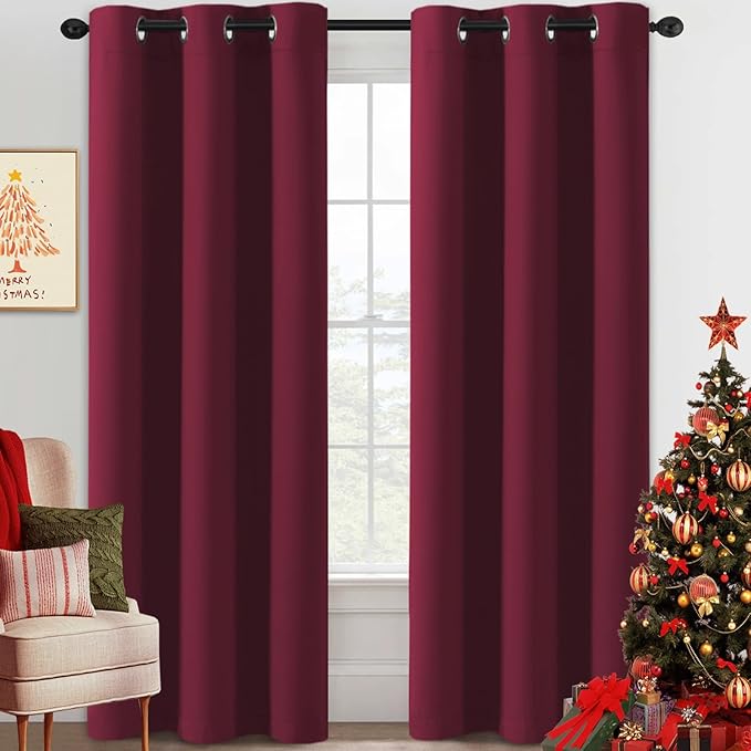 H.VERSAILTEX Christmas Curtains for Bedroom Thermal Insulated Room Darkening Living Room Curtains 84 Inch Long Grommet Privacy Protection Window Curtain Panels/Drapes for Nursery, 2 Panels, Burgundy-HomvellaHome