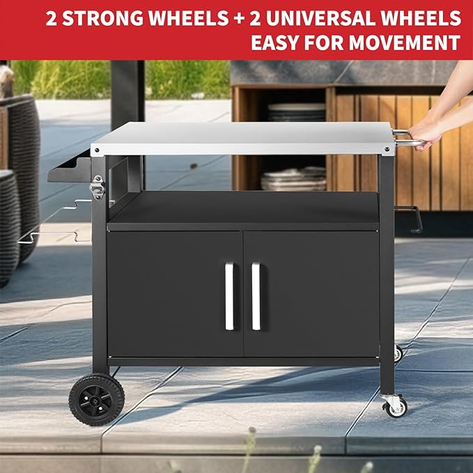 Grill Cart Table with Big Storage Cabinet, Movable Outdoor Dining Cart Pizza Oven Stand, Kitchen Cart Island Multifunction Food Prep Table Stainless Steel Surface-HomvellaHome
