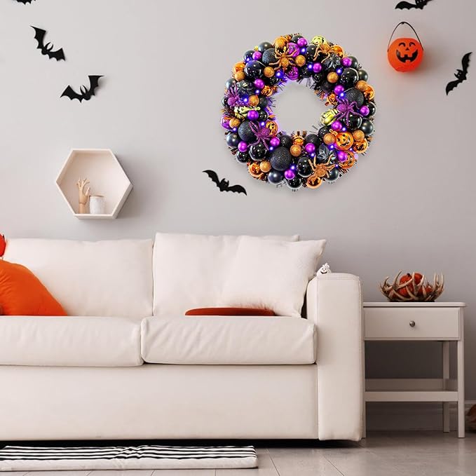 17 Inch Halloween Ball Wreath for Front Door with Lights, Lighted Cute Treat-or-Trick Door Wreath Ball Ornament for Halloween Indoor Decorations Centerpiece Party Holiday Wall Home Decor-HomvellaHome