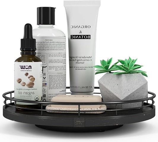 10" Oak Bathroom Vanity Tray Turntable for Perfume Candle, Round Wooden Decorative Tray for Kitchen Sink Countertop Organizer, Bathroom Counter Organizer for Skincare Makeup, Farmhouse Black Gold-HomvellaHome