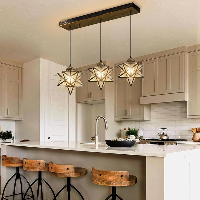 Glass Glam Chandelier 3 Lights Star Pendants Light Fixture for Dining Table Kitchen Island Modern Ceiling Hanging Lights Included LED Warm Light Bulbs Oiled Bronze-HomvellaHome