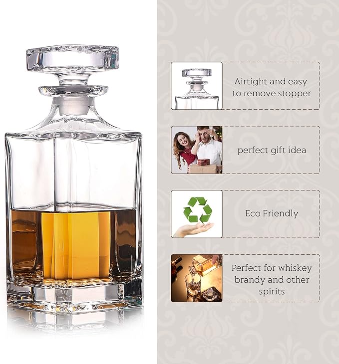 Glass Decanter with Airtight Geometric Stopper - Whiskey Decanter for Wine, Bourbon, Brandy, Liquor, Juice, Water, Mouthwash. Italian Lead-Free Glass (25.97 oz/768ml)-HomvellaHome