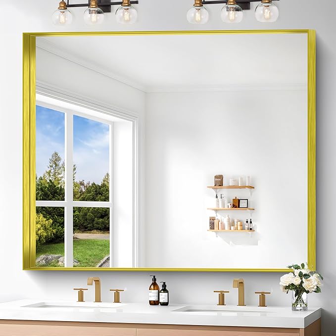 Gold Bathroom Mirror, 40x48 Inch Rectangular Framed Mirror, Large Wall Mounted Bathroom Vanity Mirror Over Sink for Bedroom,Restroom, Living Room, Hangs Vertically or Horizontally-HomvellaHome