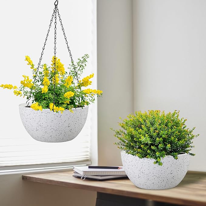 10 inch Hanging Planters for Indoor Outdoor Plants, 2 Pack Hanging Flower Pots with Drainage Holes and Chain for Garden Porch, Plastic Hanging Baskets for House Plants, Speckled White-HomvellaHome