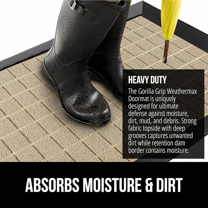 GORILLA GRIP 100% Waterproof All-Season WeatherMax Doormat US Designed Natural Rubber, Stain and Fade Resistant, Low Profile Indoor Outdoor Door Mats, Easy Clean Patio Mat, 17x29, Taupe Grid-HomvellaHome