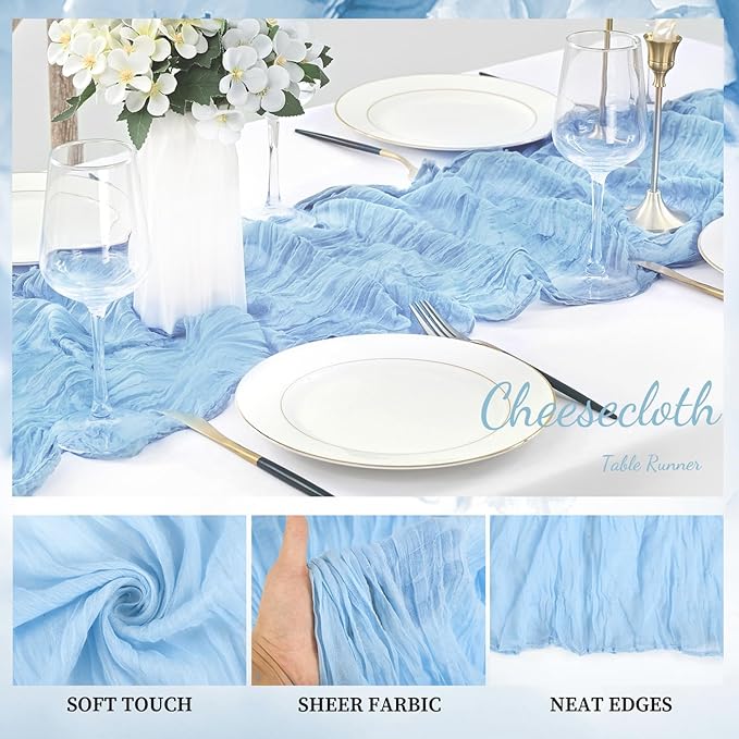 12 Pack Baby Blue Cheesecloth Table Runner 20 x 120 Inch Long Rustic Gauze Cheese Cloth Table Runner for Wedding 10FT Bridal Baby Shower Table Decorations Boho Fabric Sheer Birthday Party Table Decor-HomvellaHome