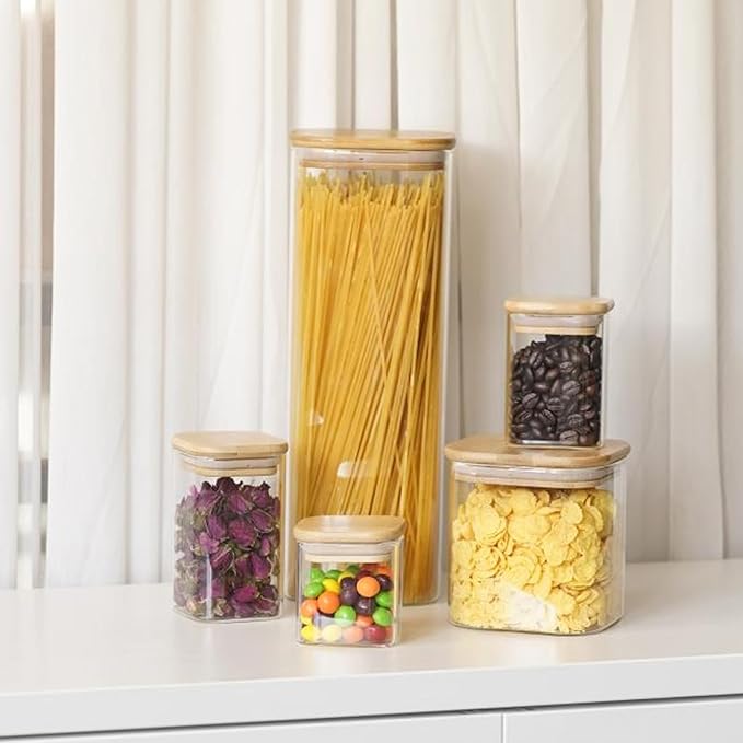 Glass Pasta Storage Jars Square 73oz, 3 Pack Glass Jars With Bamboo Lids, Tall Kitchen Storage Containers For Pasta, Storage For Pantry Organizers-HomvellaHome