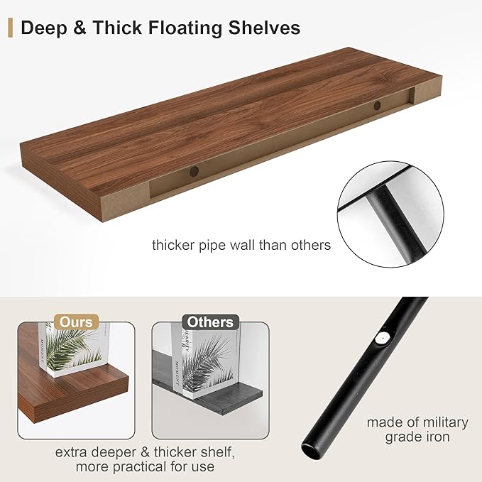 12" Deep Walnut Floating Shelves,Over Toilet Long Wall Mounted Modern Farmhouse 36 inches,Wall Shelves with Invisible Brackets for Bedroom, Bathroom, Living Room, Kitchen, Set of 1-HomvellaHome