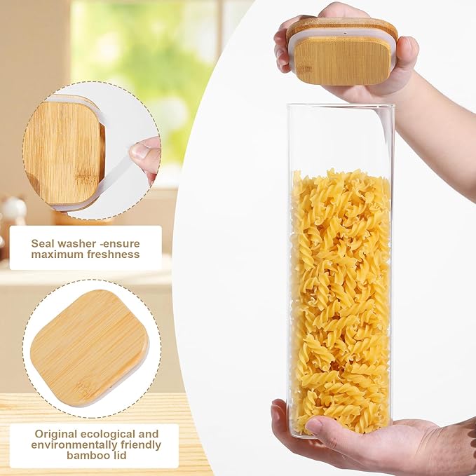 Glass Food Storage Jars with Lids(76oz)Square Set of 3 ,Glass Storage Containers Clear Glass Food Canister with Bamboo Lid Airtight For Serving Tea, Coffee Beans, Flour,Cookie, Cereal,Spice and More-HomvellaHome