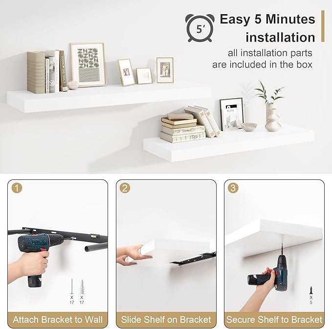 12" Deep White Floating Shelves,Over Toilet Long Wall Mounted Modern Farmhouse 36 inches,Wall Shelves with Invisible Brackets for Bedroom, Bathroom, Living Room, Kitchen, Set of 1-HomvellaHome