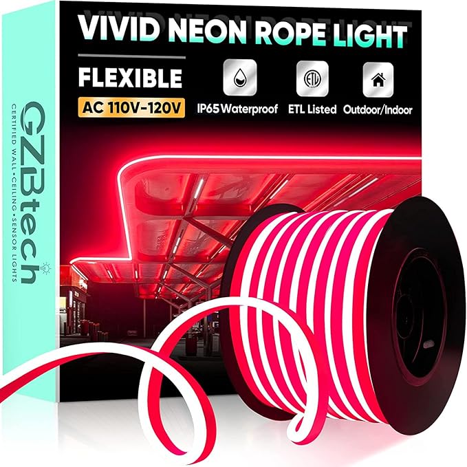 GZBtech Flexible LED Neon Rope Lights 66FT,AC 110-120V Waterproof Strip Light, 120 LEDs/M Cuttable Connectable Neon Lighting for Indoor Outdoor Home Decor/Commercial Building Use-Red 20M-HomvellaHome