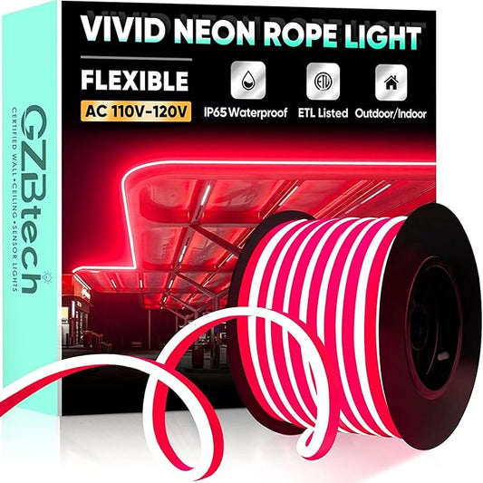 GZBtech Flexible LED Neon Rope Lights 66FT,AC 110-120V Waterproof Strip Light, 120 LEDs/M Cuttable Connectable Neon Lighting for Indoor Outdoor Home Decor/Commercial Building Use-Red 20M-HomvellaHome