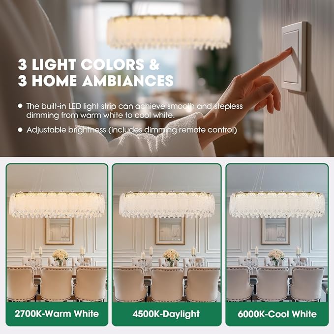 Gold Rectangle Modern Chandeliers for Dining Room Light Fixture, Water Ripple Crystal Glass LED Chandelier for Kitchen Island Bar Living Room, 2700K-6000K-HomvellaHome