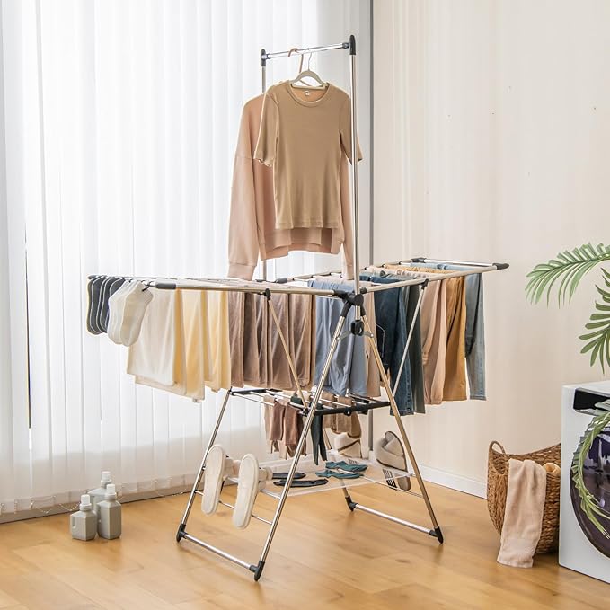 Giantex Clothes Drying Rack, Foldable Laundry Drying Rack with with 6-Level Adjustable Height, High Hanger Design, Side Clips, Space Saving Collapsible Laundry Drying Rack-HomvellaHome