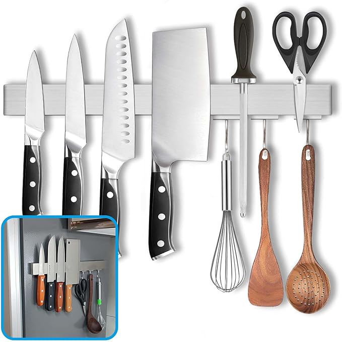 16 Inch Magnetic Knife Holder for Refrigerator - Knife Magnetic Strip for Fridge with Magnetic Hooks - Double Sided Magnetic Knife Bar - Stainless Steel Kitchen Magnetic Knife Hanger Rack-HomvellaHome