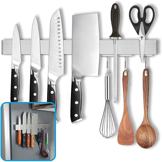 16 Inch Magnetic Knife Holder for Refrigerator - Knife Magnetic Strip for Fridge with Magnetic Hooks - Double Sided Magnetic Knife Bar - Stainless Steel Kitchen Magnetic Knife Hanger Rack-HomvellaHome