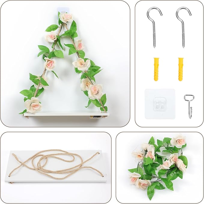 Floating Shelves for Wall,Plant Wall Decor,Hanging Shelf,Cottage Core Decor,Room Decor Aesthetic,Boho Room,Adhesive Shelves,Floating Shelves for No Drilling,Two-Piece Set(Champagne Flower)-HomvellaHome