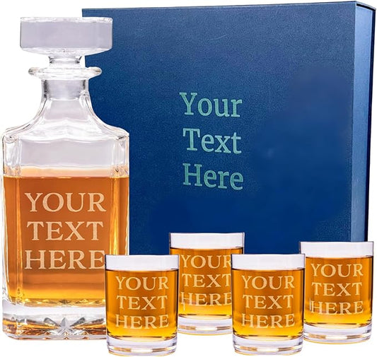 Gifts Inscribed Personalized Whiskey Decanter Set - Engraved Whiskey Decanter Bottle & Set of 4 Custom Drinking Glasses Laser Etched - Customized Whiskey Gift for Wedding, Anniversary, Birthday, Dad-HomvellaHome