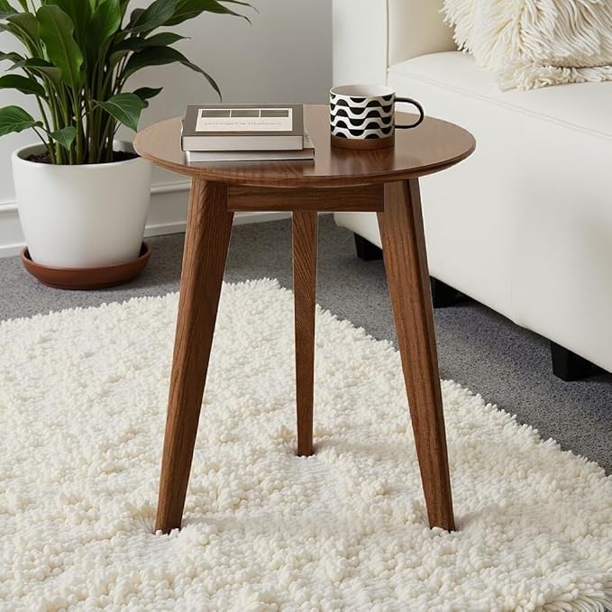 100% Solid Oak Round Side Table Set of 2, Small Bedside Table for Small Spaces, Living Room End Table with Stable Frame, Modern Nightstand for Bedroom Couch(Walnut, 17.71" D x 19.68" H)-HomvellaHome