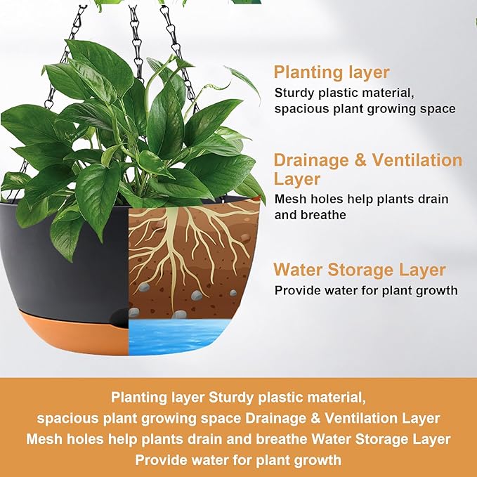 10 inch Plant Pot Hanging Planters Self Watering Pots for Indoor Plants, 3 Pack Plastic Hanging Basket with Removable Tray for Home Garden Porch Balcony Patio Decor(Black)-HomvellaHome