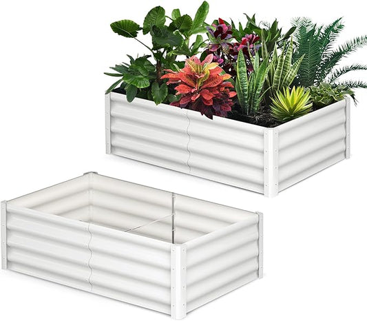 Galvanized Raised Garden Bed Outdoor, 2 Pcs 6x3x1FT Outdoor Large Planter Raised Beds Open Base with Safety Edge and Glove for Vegetables Flowers Ground Planter, White-HomvellaHome