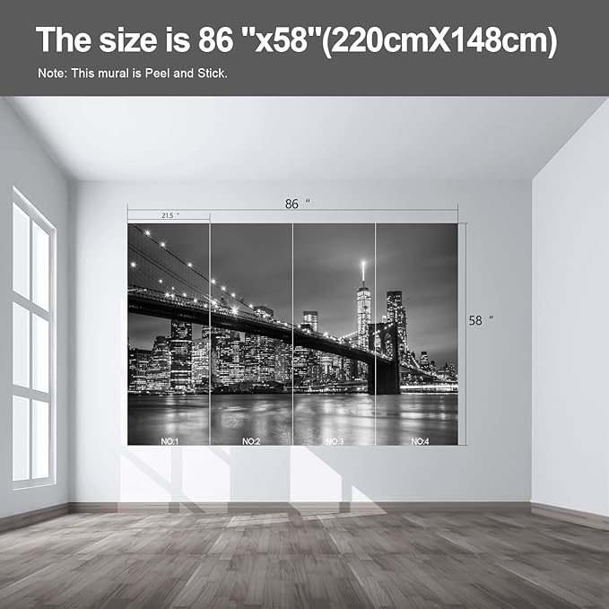Gray Brooklyn Bridge at Night NYC Wall murals New York Peel and Stick Wallpaper for Bedroom Living Room - 58"x86"-HomvellaHome